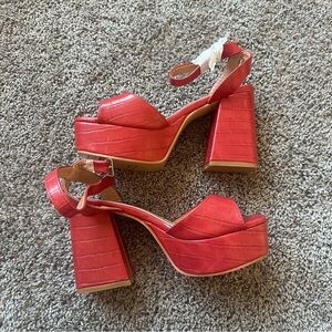 Stylish Red Croc-Embossed Platform Heels
